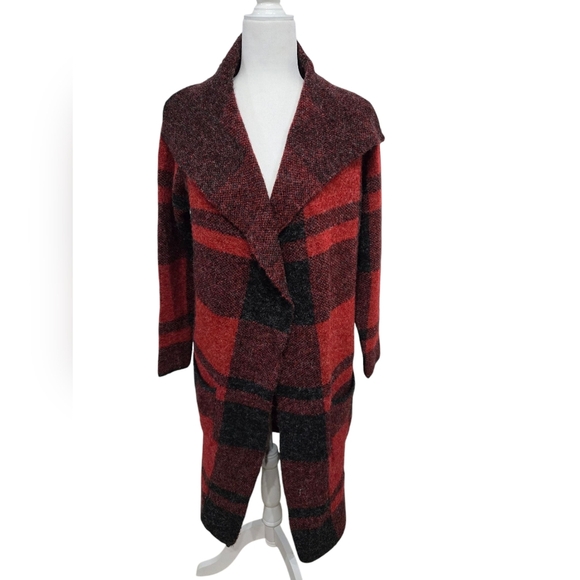 Joseph A Red Black Buffalo Print Plaid Long Cardigan Duster XS - Picture 1 of 6